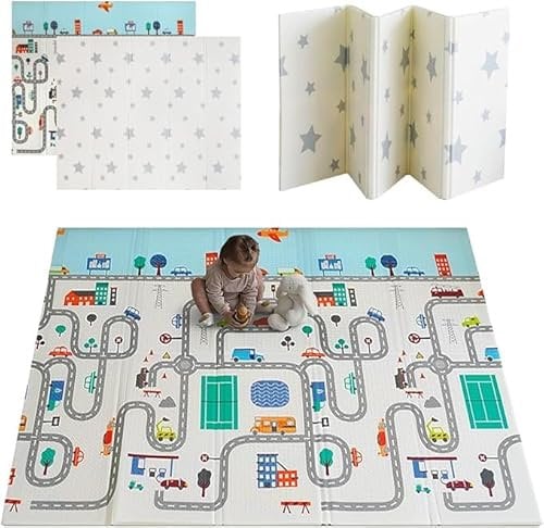 MIKMEL Krabbeldecke für Babys, mitwachsend, faltbar, aus reversiblem Schaumstoff (Stadt/Sterne) – Spielmatte und Bodenmatte für Babys, Kinderzimmer, groß, 180 x 150 x 1 cm