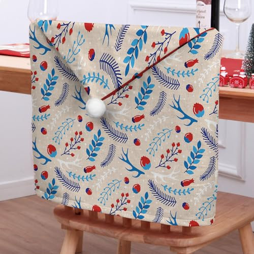 Morbuy Weihnachten Stuhlhussen 2-8er Set Nikolausmütze Esstisch Stühlen Set, Weihnachtsdeko Stuhlhussen Hussen für Weihnachtsfeier, Esszimmerstühle (6er Set,Blaues Blatt)