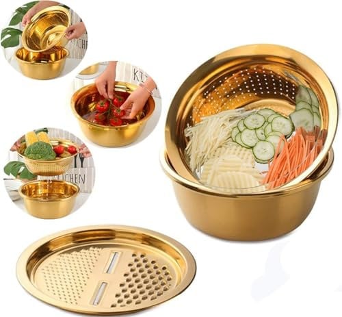 Keiwhsly Stainless Steel Multifunctional Gold Colander set of 3, Large Capacity Kitchen Strainer Utensil for Washing Vegetables, Fruit and Potato Carrot Grater