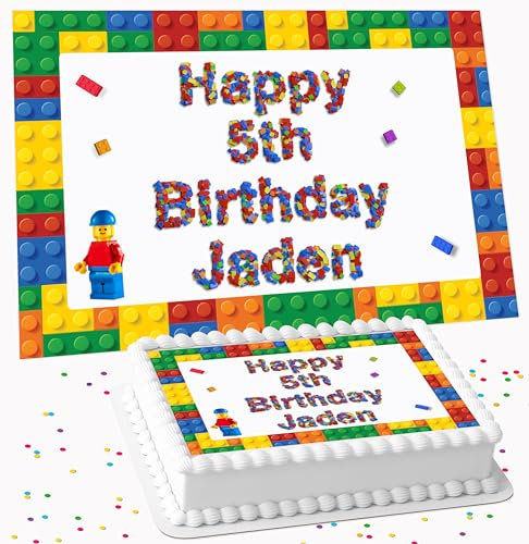 BUILDING BRICKS HAPPY BIRTHDAY PERSONALISED EDIBLE ICING LARGE CAKE TOPPER DECORATION SUITABLE FOR USE ON COSTCO CAKE AT-1123