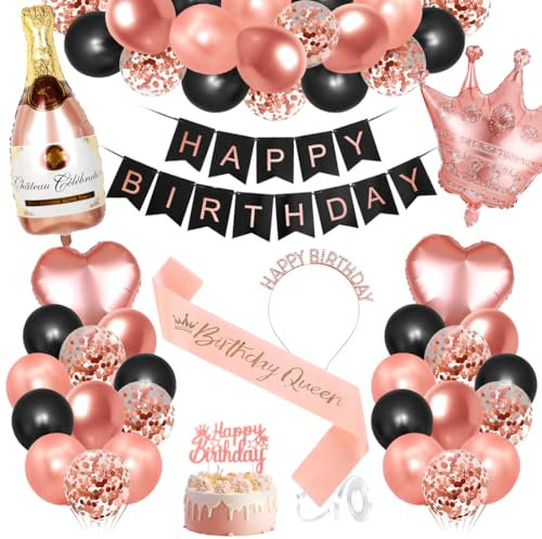 Bluelves Mädchen Geburtstag Deko Set, Rosegold Schwarz - Happy Birthday Banner, Girlande, Konfetti, Luftballon & mehr für 18-60 Jahre Parties