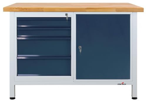 Steinbock Werkbank mit 4 Schubladen und Tür | 300 kg Tragkraft | HxBxT 84 x 120 x 60 cm | Anthrazitgrau | 4 cm Starke Massivholz-Arbeitsplatte | stabiles Stahlgestell | Made in EU | Profi-Werktisch