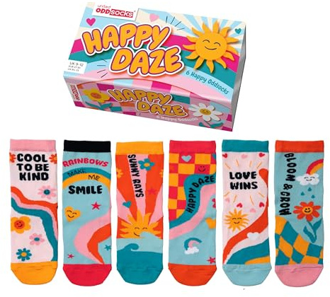 United Oddsocks Kinder Socken, 6 individuelle Socken - Geschenkbox, Motivsocken Happy Daze 27-30