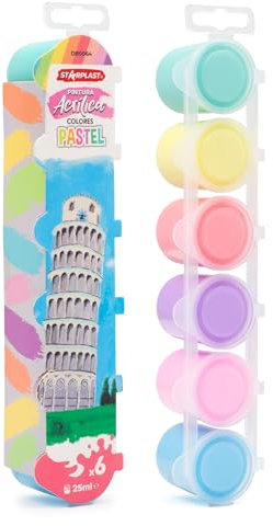 Starplast Pintura Acrílica - 6x25ml, Colores Pastel, Juego de Pinturas, No Tóxicas, Botes, Tubos o Frascos de plástico, para manualidades, sobre lienzo y más.
