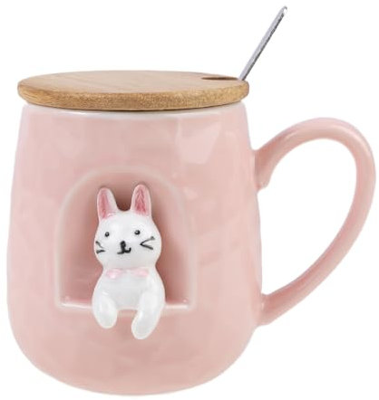 lachineuse - Tazza Coniglio - Relief 3D - Funny Bunny - Porcellana, Legno, Metallo - 380 ML - Con Coperchio e Cucchiaio - Tazza Caffè, Tè, Cioccolato, Cappuccino - Idea Regalo Originale