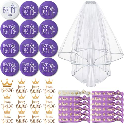 TZEKING 37 Stück JGA Braut Button Set,Team Bride JGA Buttons,12 Bride Buttons+12 Bride Tattoo Aufkleber+12 Bride Armband+1 Schleier,Jungesellinnenabschied Frau Accessoires,JGA Deko Accessoires