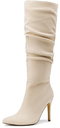 DREAM PAIRS Knee High Boots for Women, Sexy Pointed Toe Stiletto High Heel Slouchy Suede Tall Boots,Size 6.5,Beige-Suede,SDKB2422W