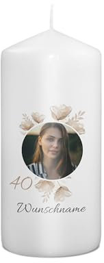 PhotoFancy® - Personalisierte Geburtstagskerze - Fotokerze mit eigenem Foto/Text bedrucken lassen - Kerze mit Geburtstags-Design: Aquarellblumen - 15 cm Höhe