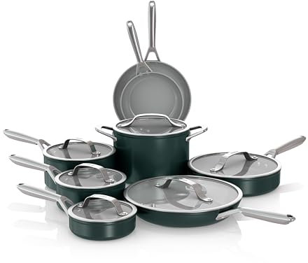 Ninja NeverStick Ceramic Pro 14-Piece Cookware Set, Non-Stick Pots & Pans Set with Glass Lids, Ceramic, Stainless Steel, Stove to Oven Safe, All Stovetops & Induction Compatible, Green, CW39014GN