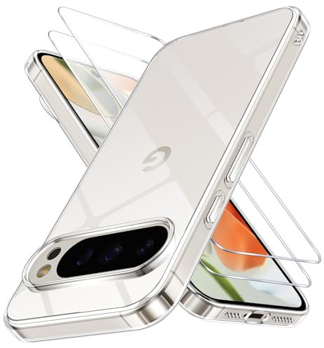 Phoona Funda para Google Pixel 9 Pro XL 5G Carcasa con 2 Piezas Cristal Templado,Transparente Silicona TPU Protección Funda para Google Pixel 9 Pro XL Anti-Choques y Anti-Arañazos Caso