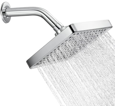 Warmiehomy Fixed Shower Head, 6 inch Square Shower Head, High Pressure Rainfall Shower Head with Shower Extension Arm, G1/2 Shower Heads and Stainless Steel Curved Extension Arm for Bathroom