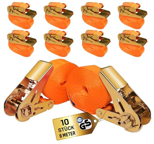 10 Cinghie di Tensione 6m x 1000kg con Chiusura a Cricchetto - Cinghie a Cricchetto da 25mm - Arancione - per Bagagli e Trasporto - Certificato TÜV/GS e secondo la Norma DIN EN 12195-2 - KODIAK STRAPS