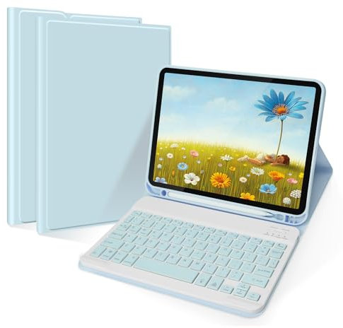 GOKOCO Magnetische Tastatur hülle fürAir 11 Zoll M3 2025/M2 2024, Air 4./5.Gen, Pro 11 1./2./3./4.Gen,Multi-Touch-Trackpad und 7-farbige Beleuchtete Tastatur,QWERTZ-Blau