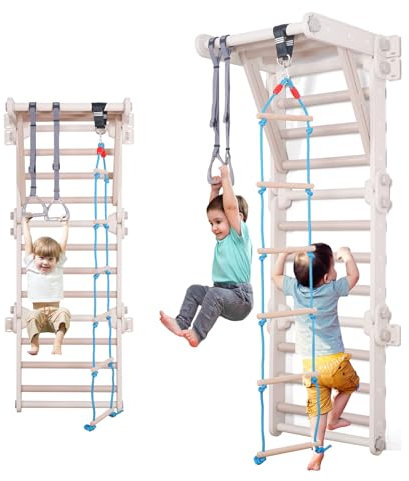 10-in-1-Spielplatz aus Holz für Kinder von 2 bis 5 Jahren, Kletterspiele im Innenbereich mit Rutsche aus Holz, Rampe, Belastung 50 kg