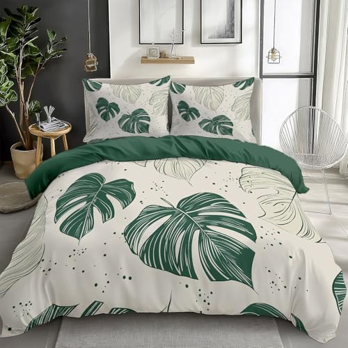 Quixora Bettwäsche 135 x 200 cm Wende Bettbezug Set 3 Teilig, Grün, Muster Natürliche Moderne Monstera-Blätter, Weiche Microfaser Bettbezug mit Reißverschluss und 80x80cm Kissenbezug