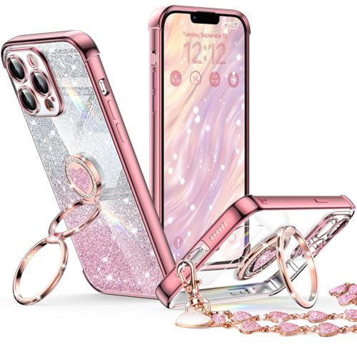 XYZ for iPhone 12 Pro Max Case with Stand, Phone Case with Double Ring Kickstand, Women Girls Bling Luxury Glitter Clear Phone Case Cover Heart for iPhone 12 Pro Max, Rose Gold