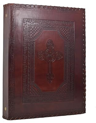 ROOGU Ringbuch A4 Leder mit Kreuz – Handmade Ordner aus Büffelleder – 4-Ring Aktenordner Vintage für Dokumente, Pflanzensammlung, Bibelblätter, Spiritualität