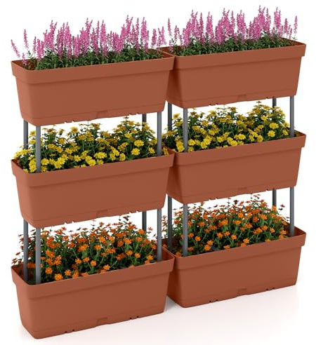 HOMASIS Set di 6 Vasi per Fiori, Fioriera Verticale da Esterno con Sistema di Drenaggio, Combinazione Libera, Aiuola Rialzata da Giardino in PP per Frutta, Erba, Vegetale (Marrone)