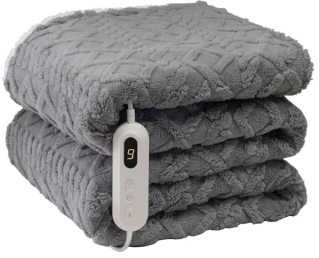 Neo Electric Cable Knit Heated Throw Reversible Blanket Fleece Sherpa 9 Heat Settings Machine Washable (Grey)