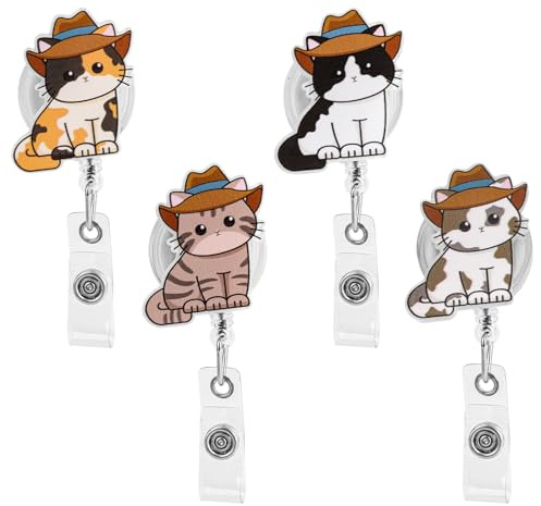 Penitue 4pcs Porte-Badge Rétractable pour Chat Cowboy, Adorable Porte-Badges d'Infirmière avec Pince Crocodile Accessoires pour Infirmières Étudiants Enseignants et Travailleurs