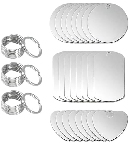 PacuM 24 Stück Edelstahl Anhänger Blanko Rund/Herz/Rechteck | Schlüsselanhänger Metall Rohling Mit Schlüsselring Gravur Rohlinge Schmuck für die Herstellung Halsketten Anhängern