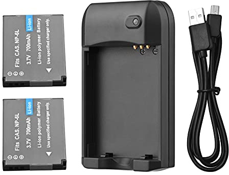 NP-6L Battery Charger Kit with LED Indicator, 2-Pack 3.7V 700mAh Li-ion Polymer Replacement Batteries + USB Charging Cable, Universal USB Power Supply for Cameras & Electronic Devices