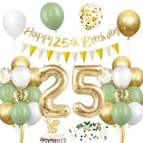 25. Geburtstagsdeko Salbeigrüne, Deko 25 Geburtstags Frau Mann, 25er Geburtstag Luftballon mit Girlande, Geburtstags Tortendeko Grün Gold, 25 Jahre Frau Geburtstag Avocado Grüne Party Ballon