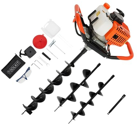 EGBNSY Tarière à Main, Perceuse Manuelle pour Poteaux de Clôture, Tarière à Essence 71 cm3 2 Temps Tarière de Jardin avec 3 Mèches (100, 150, 200 mm), Tariere Manuel pour Plantation & Clôture