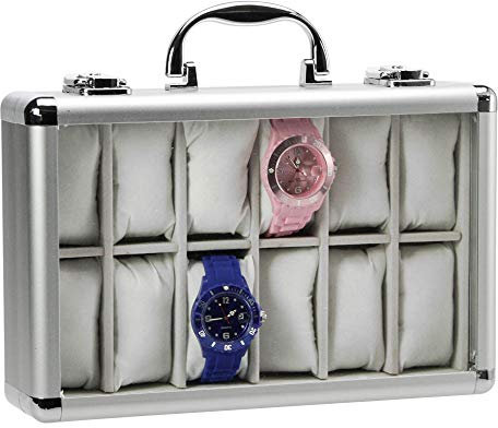 SAFE 265 ALU Uhrenaufbewahrungsbox Herren mit 12 Uhren-Schmuckhalter in grauem Samt - abschließbare Uhren Box mit Glasdeckel und abnehmbaren Uhrenkissen