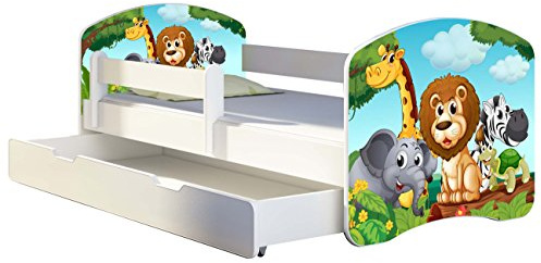 ACMA Kinderbett 140x70 Jugendbett mit Einer Schublade und Matratze, Rausfallschutz, Lattenrost Weiß, stabil, Kinderzimmer Bett, Jugendmöbel Design 02 Animals