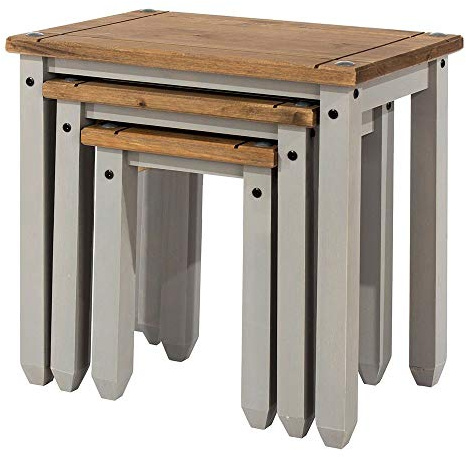 Corona Set of 3 Nesting Tables, Solid Pine Wood, Grey Wax Finish, Thick 2.5cm Table Tops, Nest of Side Tables, Sturdy & Practical Stacking Tables for Living Room, Bedroom, Home & Office