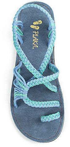 Plaka Flache Sandalen für Damen Palmblatt, cornflower, 42 EU