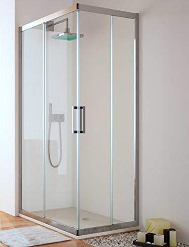Paroi de douche d'angle - 2 vantaux fixes et 2 portes coulissantes - Verre de sécurité de 6 mm - Modèle trois cents Q4 (70 x 140)