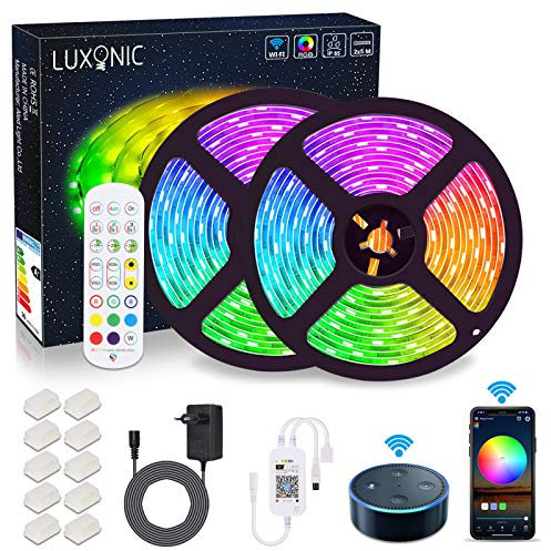 LUXONIC Ruban LED WiFi 10 m (2 x 5M), Bande LED RGB 5050 SMD IP65 Multicolore 16 Millions de Couleurs Sync avec Musique Smart Téléphone APP Travail avec Alexa Google Home, pour Décoration Maison