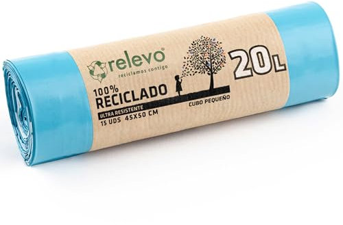 Relevo 100% Reciclado Bolsas de Basura, extra resistentes 20 L, 15 bolsas con autocierre
