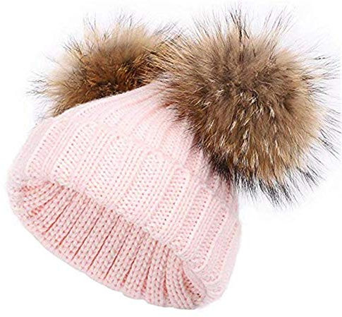 feifanshop Damen-Mütze mit doppeltem abnehmbarem Pompon-Bommel, weich, grob, weich, Rosa, rose, Einheitsgröße