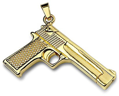 Paula & Fritz® Herren Ketten-Anhänger Pistole 316L Chirurgenstahl Gold 57 x 37-mm Halsketten-Anhänger Pendant Damen-kettenanhänger Männer Hand-Waffe
