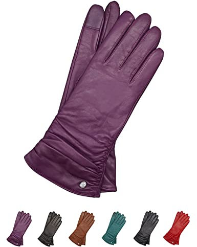 AKAROA ESTD 2019 Lederhandschuhe Damen BEA, Touchscreen Funktion, italienisches Leder, recyceltes Strickfutter aus 50% Kaschmir und 50% Wolle, 4 Größen S - XL, beere, S - 7