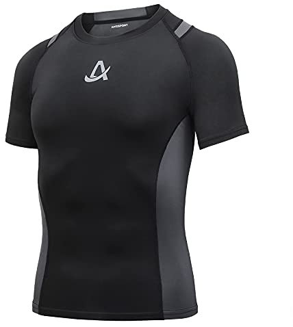 AMZSPORT Herren Kurzarm Kompressionsshirt Schnelltrocknend Sport Laufshirt Funktionsshirts, Schwarz M
