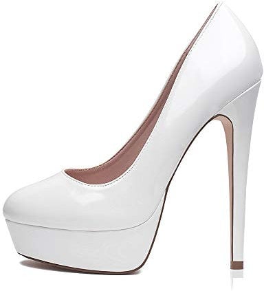 Zhabtuc Damen Plateau Pumps Geschlossen Runde Zeh High Heels 14cm Klassische Party Abschlussball Hochzeit Abend Stilettos Damenschuhe Weiß 38.5 EU