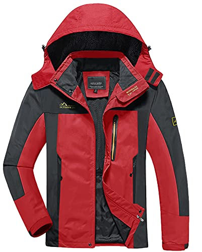 KEFITEVD Softshell Jacke Herren Outdoor Multi Taschen Leicht Wanderjacke Patchwork Kapuzenjacke Sport Herrenjacke Lässig Männer Sommer Jacke Rot 2XL