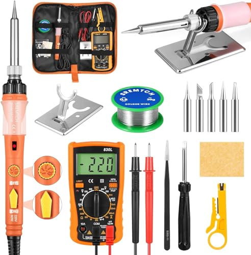 Saldatore a Stagno,SREMTCH Stagno per Saldatura Kit con Multimetro Digitale, Con Interruttore ON/OFF,Temperatura Regolabile 200-450℃ Supporto per Saldatore, Borsa per Attrezzi
