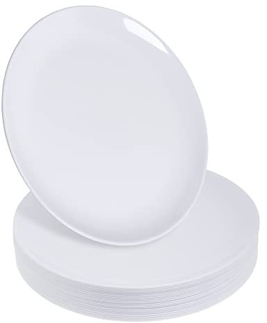 STACKABLES Lot de 20 assiettes blanches ~ rondes réutilisables en plastique rigide de 26,7 cm ~ Assiettes à déjeuner et à dessert polyvalentes pour mariages, fêtes et restauration