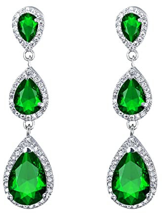 EVER FAITH Damen Zirkonia Hochzeit Braut 3 Teardrop lange baumeln Ohrringe Grün