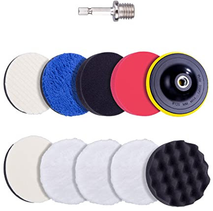 Liesun 11 Pièces Polissage Pad, Tampon 125MM, lustrage, éponge, Laine De Polissage Cirage, kit polish voiture, avec Adaptateur de Perceuse M14