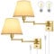 TRLIFE Wall Sconce Plug in, Brushed Brass Dimmable Wall Sconces Set of 2 Swing Arm Wall Lights with Plug in Cord and Dimmer On/Off Knob Switch, 9.4 Medium White Fabric Shade(2 LED Bulbs Included)