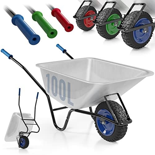 TIMBERTECH® Brouette Jardin - Pneumatique Ø 40cm, Capacité 100l, Galvanisé, Charge Max 210kg, Couleur au Choix - Chariot Chantier, Transport, Jardinage (Bleu)