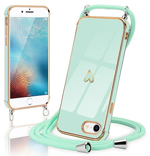 Micoden Handykette für iPhone SE2022,iPhone 7,iPhone 8,iPhone SE2020 Hülle Ultra dünn Kameraschutz Herz Love Design Galvanik Silikon Bumper Kordel zum Umhängen Handyhülle mit Band Schutzhülle,Mintgrün