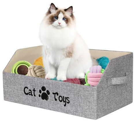 BinWhiz Large Size Cat Toy Box, 50x29x22 cm Collapsible Basket for Cats and Kittens, Pet Storage Box Chest Holder Organizer with Handles for Toys, Clothes and Accessories, Grey (For Cat)