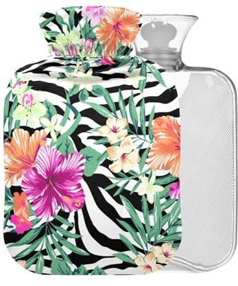 Tropische Blume Zebra Wärmflasche mit Bezug, 1 l, kleiner Wärmbeutel für Kältetherapie, Schmerzlinderung, Rückenschmerzen, BAP-frei